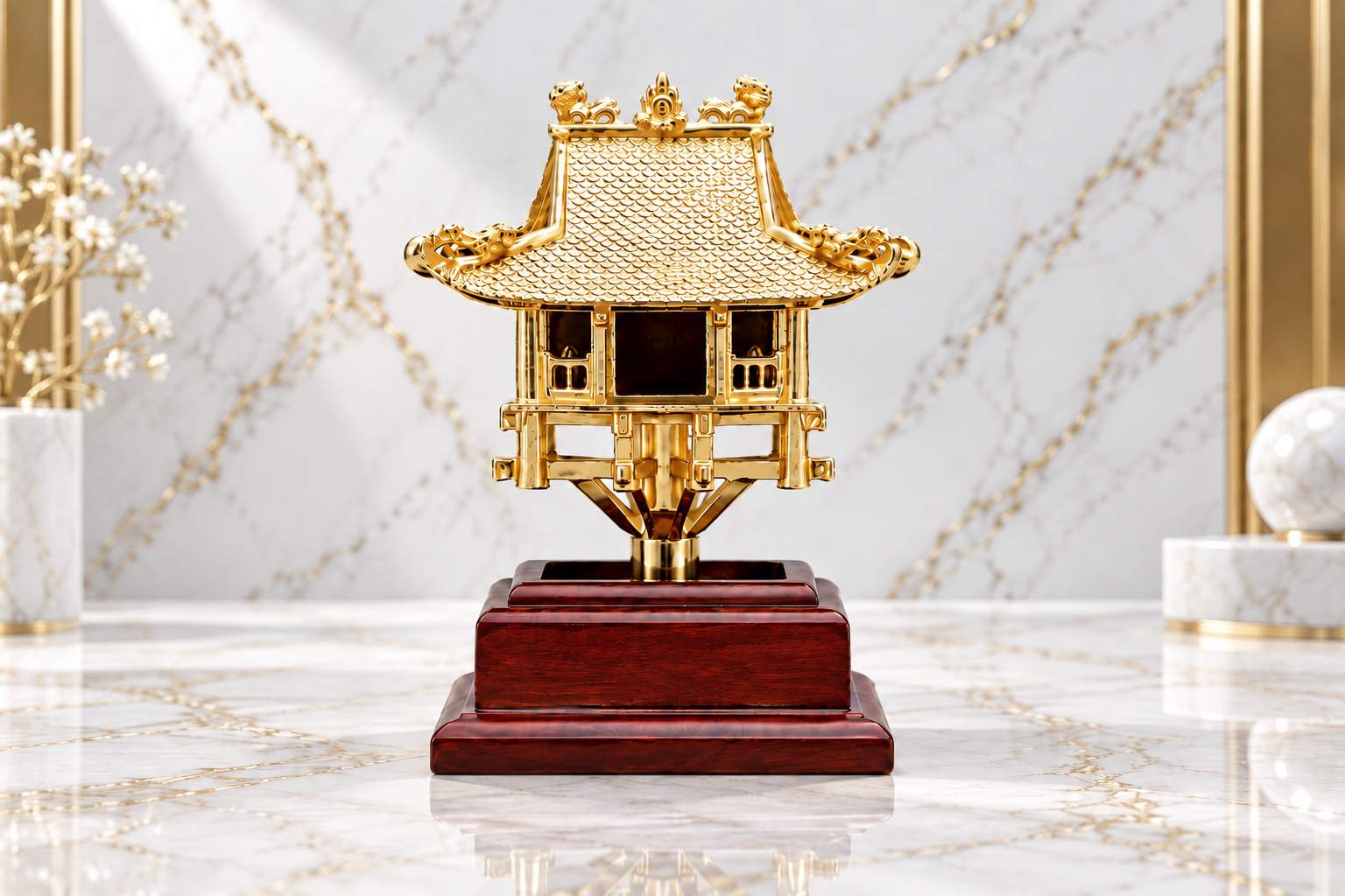 Mô hình kiến trúc mạ vàng trên đế gỗ sang trọng.